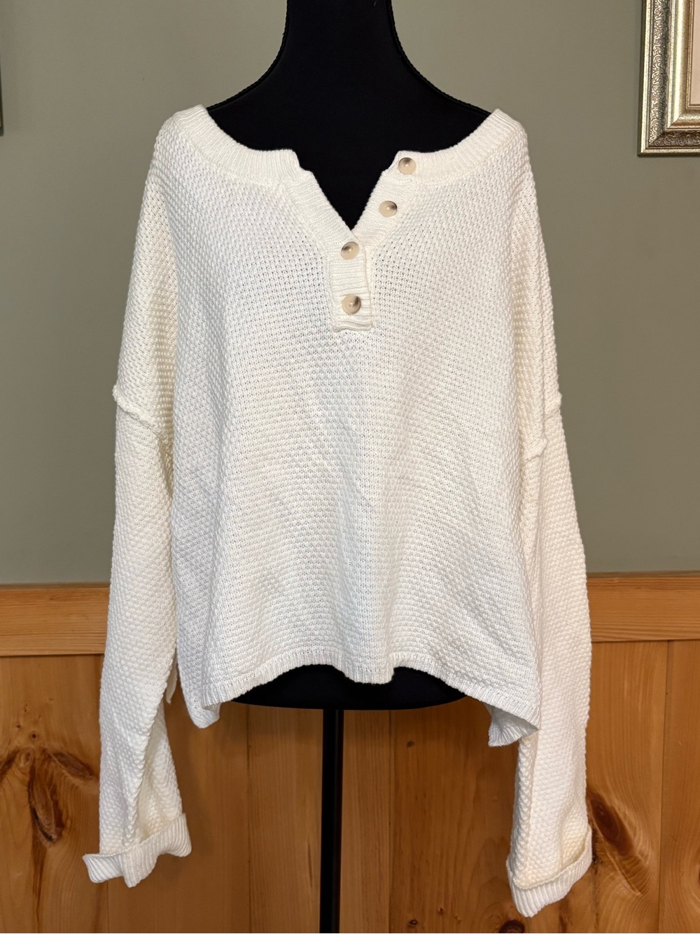 Sincerely Jules Waffle Knit V-Neck Henley Sweater oversized relaxed Size L NWT